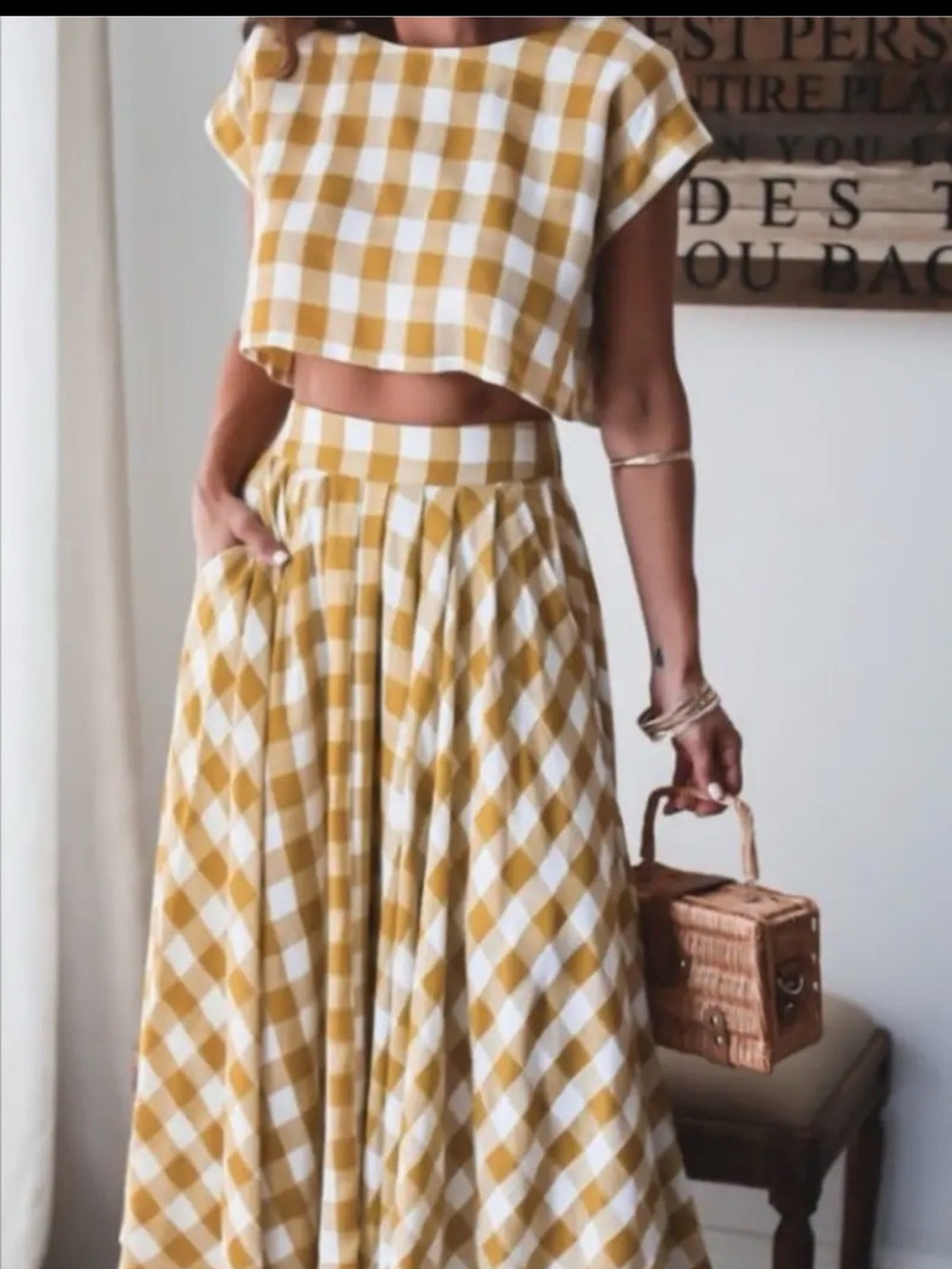 Women's Mustard Gingham Maxi Skirt - Stylish Summer Check Print